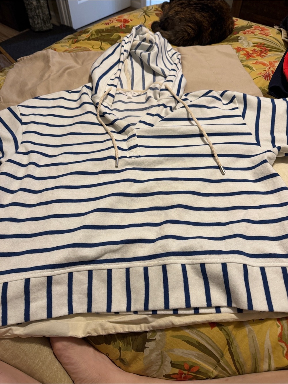 Jane and Delancey White & Navy Striped Hooded Pullover